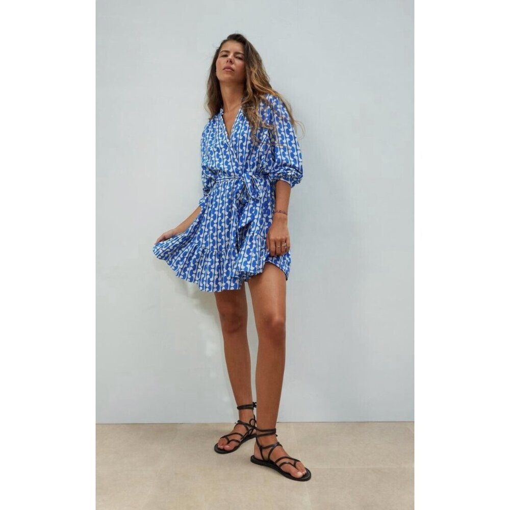 Zara Womens Blue White Flowy Dress With Belt Long Sleeves Ruffle Hem Size S - Picture 1 of 13